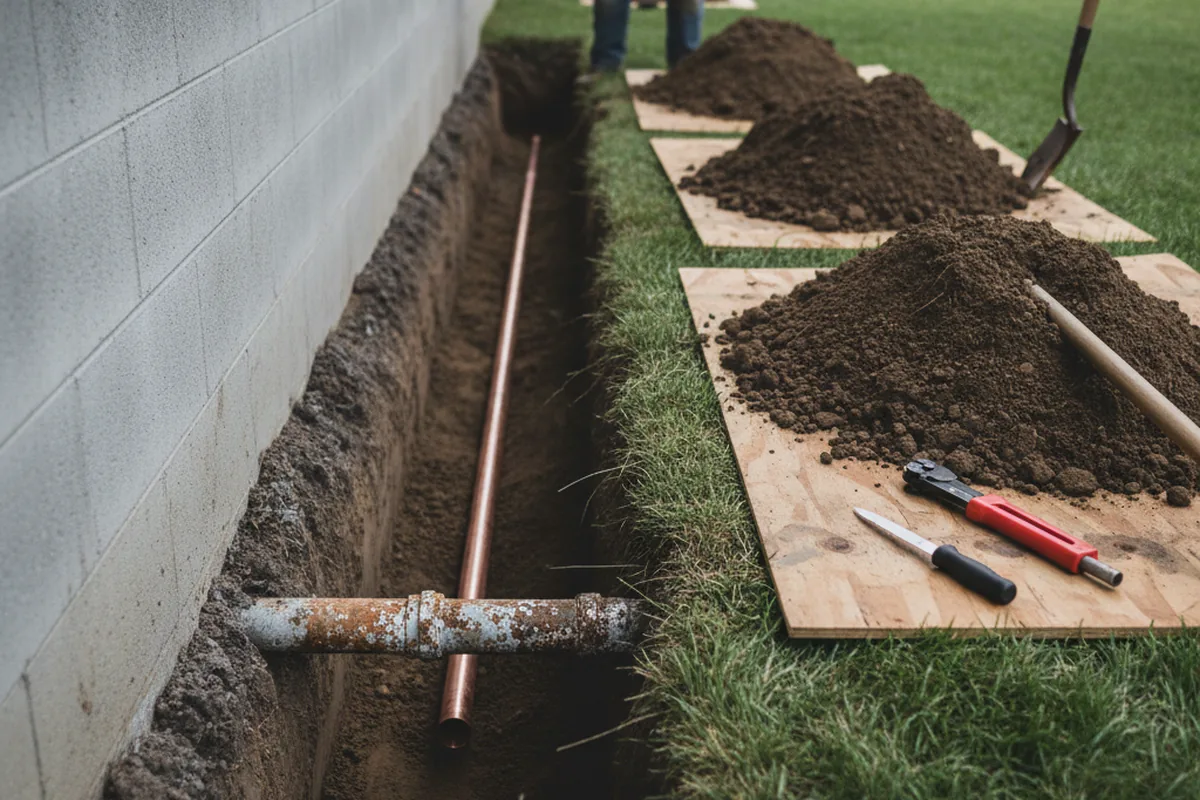 Excavated water line trench during Water Softener Installation in Ebro